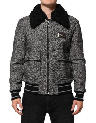 Dolce & Gabbana Mens Gray Wool Herringbone Shearling Collar Bomber Jacket Black And Clothing