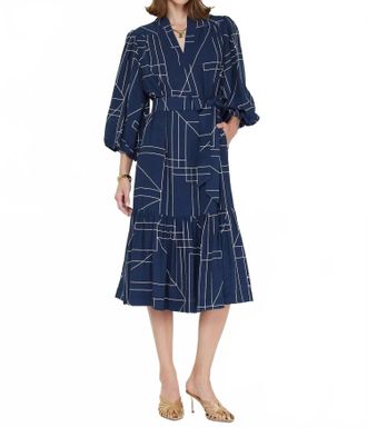 Current Air Geometric Printed Puff-Sleeve Midi Dress In Navy