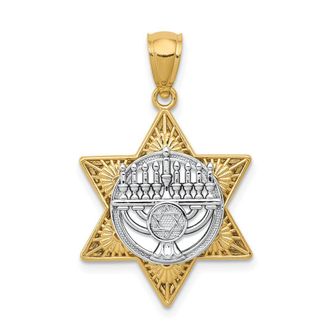 Diamond2Deal 14k Two-tone Gold Star Of David and Menorah Pendant
