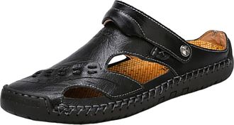 Generic 2026 Mens Summer Breathable Hand Sewn Foot Covering Casual Beach Lazy PU Foreign Trade Sandals (Black, 7.5)