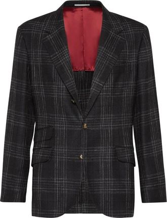Brunello Cucinelli Anthracite Wool Silk Linen Plaid Blazer, Brand Size 48 (US Size 38)
