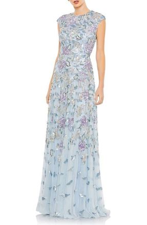 Mac Duggal Sequined High Neck Cap Sleeve A Line Gown in Ice Blue Multi at Nordstrom, Size 16