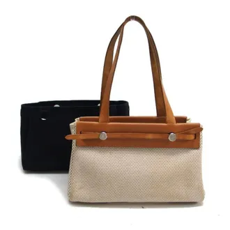 Herm&egrave;s Beige Black Brown Canvas Leather Handbag Shoulder Bag Tote Bag (Pre-Owned)