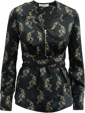 Sandro Aya blouse met tijgerprint en halve rits - Zwart