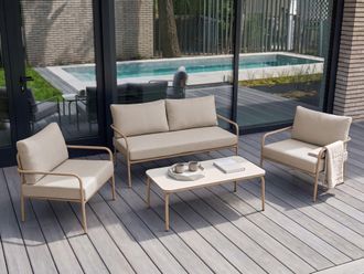 Beliani Conjunto De Sof&aacute; Y Mesa De 4 Plazas Con Estructura De Acero Y Cojines De Tejido Repelente Al Agua Con Fundas Extra&iacute;bles Beige Claro Nesso