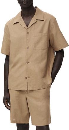 Mango Oversize Cotton & Linen Camp Shirt in Beige at Nordstrom, Size Medium