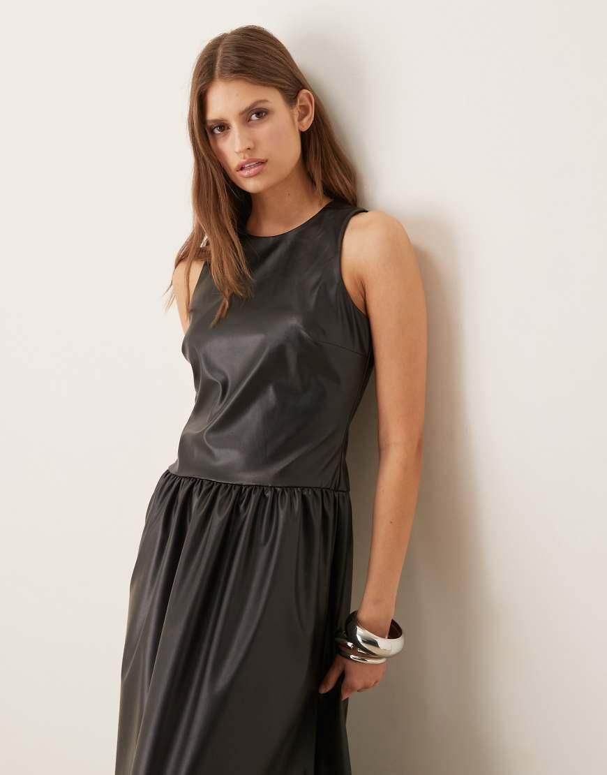 Asos Vestito midi in pelle sintetica nera con gonna a ruota e