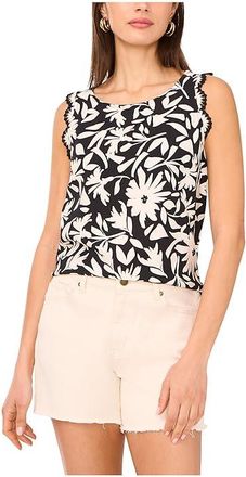 Vince Camuto Crew Neck Tank Top With Scallops Womens Clothing Rich Black : LG, Polyester