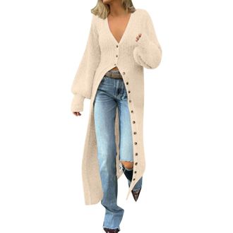 Generic Cardigans for Women UK Plus Size Maxi Long Cardigan Button Up Open Front Sweaters Elegant Plain Plunge Coatigans Warm Soft Casual Sweater for Autumn W