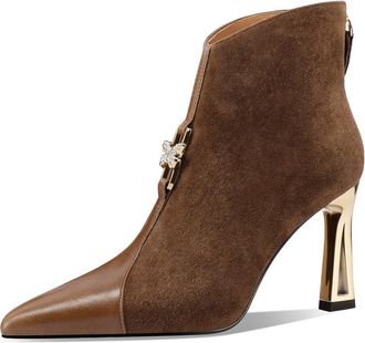 TinaCus Suede & Genuine Leather Womens Cap Toe Handmade High Heels Zip up Trendy Ankle Boots, Brown, 7 UK