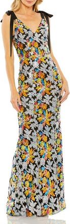 Mac Duggal Embellished Bow Strap V Neck Column Gown in Multi at Nordstrom, Size 6