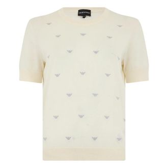 Emporio Armani Round-neck Knitwear, female, Beige, Size: L Sweater with all-over micro eagles embroidery