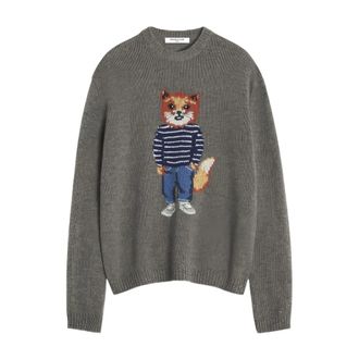 Maison Kitsuné Truien & Vesten, Heren, Grijs, XL, Wol, Dressed Fox Geborduurde Trui