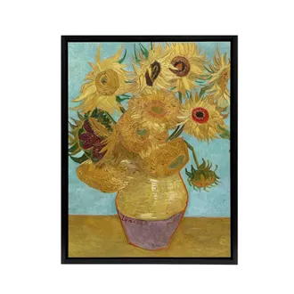 Artery8 Vase with Twelve Sunflowers Van Gogh Black Framed Canvas Wall Art in Blue | Size: W24 x H32