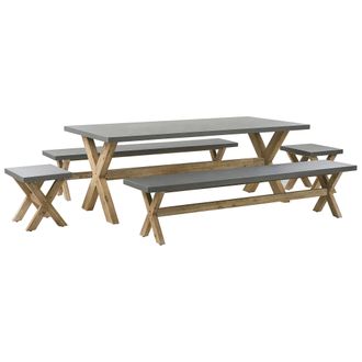 Beliani Conjunto De Comedor Para Jard&iacute;n De Cemento Reforzado Gris Con Patas De Madera Para 8 Personas Mesa 2 Bancos 2 Taburetes Olbia