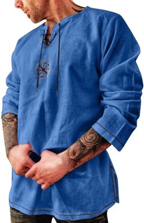 Generic Men Henley Shirt Long Sleeve,Casual Hippie Beach Sleeve T Shirts Renaissance Captain Top Costume Outfits Medieval Viking Lace Up Pirate Mens Tops, T-S
