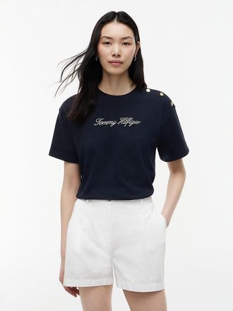 Tommy Hilfiger Womens Script Logo Cotton Interlock T-Shirt - Navy Blue - XXL