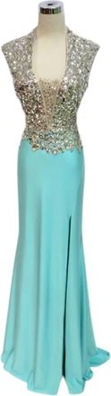 Mac Duggal Crystal And Sequins Embellished Jersey Prom Dress In Aqua/silver