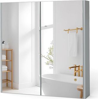 Costway Wall Mounted Storage Cupboard Bathroom Mirror Cabinet with Shelf-Grey