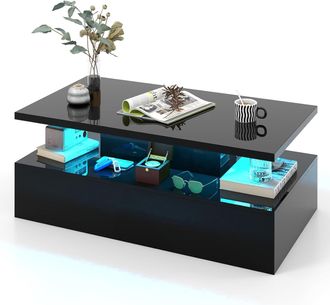 Costway Costway - Mesa De Caf&eacute; Led, Mesa Moderna De Caf&eacute; De 2 Niveles Brillante Con Colores De Luz Ajustables En Velocidad, Control Remoto, Mesa De Caf&eacute; Recta