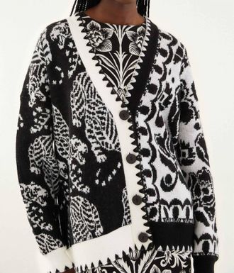 Farm Rio Striped Tigers Mixed Print Cardigan In Black & White