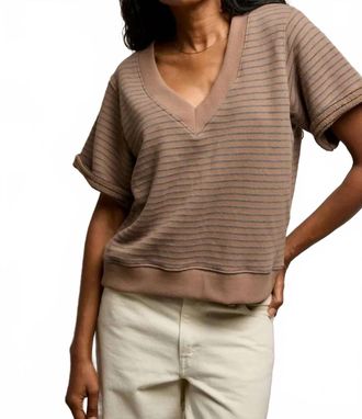 perfectwhitetee Briggs V Neck Sweatshirt In Mocha Charcoal Stripe