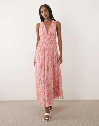 Abercrombie & Fitch Vestito lungo in chiffon rosa a fiori con scollo a V e gonna vaporosa