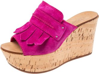 Casadei Pink Suede Tassel Open Toe Cork Platform Wedge Sandals
