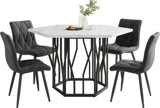 STILVORA Conjunto De Mesa Y Sillas Con 1 Mesa De Comedor Hexagonal Y 4 Sillas, Mdf, Acero Y Terciopelo, Negro Y Gris