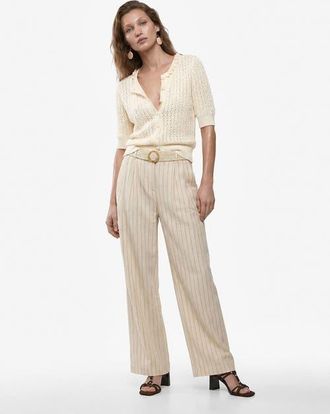 Koton Linen Blend Belted Straight Wide Leg Striped Trousers in White Stripe at Nordstrom, Size 10
