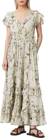 AllSaints Canto Floral Ruffle Maxi Dress in Carmel Stem Green at Nordstrom, Size 10 Us