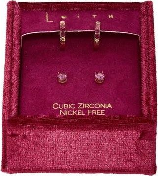 Leith Set of 2 Cubic Zirconia Stud & Huggie Hoop Earrings in Pink Multi- Gold at Nordstrom Rack