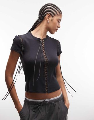 Weekday T-shirt da festival slim nera con laccetti incrociati-Nero
