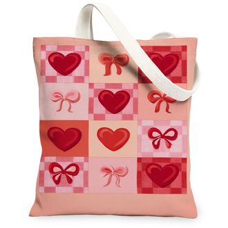Generic ValentineS Day Heart Pattern Canvas Tote Bags, Romantic Bow Design Reusable Grocery Bags, Lightweight Washable Shoulder St, Peach, 13x15 Inch