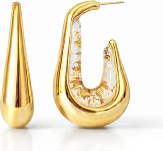 Gold & Honey Womens Drop Hoop Earrings In Clear Gold Leaf