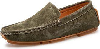 Generic Mens Mens Loafers Shoe Genuine Leather Suede Vamp Stitching Details Round Toe Perforated Option Anti-Slip Flexible Flat Heel Lightweight Party(Dark Gr