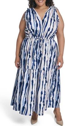 Calvin Klein Sleeveless Drawstring Waist Maxi Dress in Indigo Multi at Nordstrom Rack, Size 20W