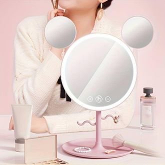 OEM Bonito Espejo De Maquillaje Led Con Orejas De Rat&oacute;n, Soporte Para Joyas, Espejo De Mesa, Espejo Cosm&eacute;tico Con Iluminaci&oacute;n De 3 Colores, Ideal Para El 