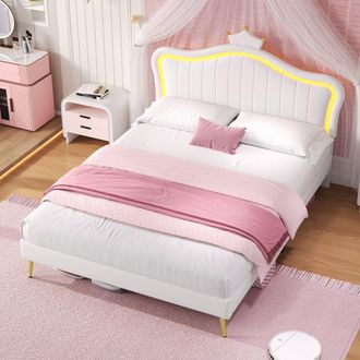 Merax Cream White PU Leather 4ft6 Double Crown Shaped Bed Frame with LED