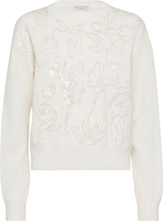 Brunello Cucinelli sequin-embellished crew-neck jumper - women - Cashmere/Silk/Virgin Wool - L - White