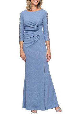 S.L. Fashions Beaded Illusion Sleeve Glitter Gown in Slate Blue at Nordstrom, Size 12P