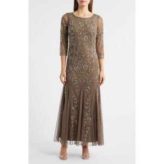 Pisarro Nights Floral Beaded Tulle Gown in Mocha at Nordstrom, Size 18