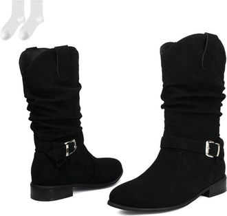 Generic Womens Slouch Boots in A Suede Look, Fashionable Mid-Calf Boots with Buckle Straps And A Comfortable Low Heel, Non-Slip Autumn Winter Ankle Boots for 