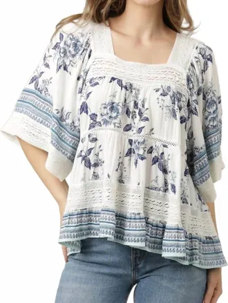 Angie Mid-Length Sleeve Top In White Blue