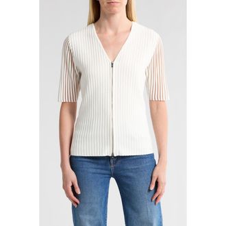 DKNY Short Sleeve Zip Front Ribbed Cardigan in Ivory at Nordstrom Rack, Size X-Small