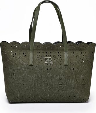 Ermanno Scervino Military Green Sangallo Cut-Out Canvas Tote Bag