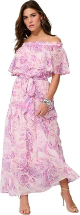 Roaman's Plus Size Chiffon Off The Shoulder Maxi Dress in Primrose Painterly Floral at Nordstrom, Size 36