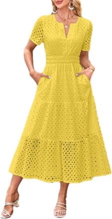 Generic Womens Summer Dress V Neck Boho Maxi Dresses Casual Short Sleeve Long Bohemian Hollow Out Eyelet Beach Dress Ladies Flowy Holiday Swing Loose Fit Dres