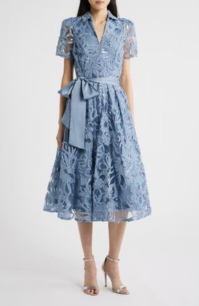 Tahari by ASL Sequin Soutache Lace Cocktail Midi Dress in Sky Blue at Nordstrom, Size 16