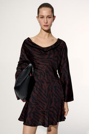 H&M Flared-skirt Cowl-neck Dress in Dark Brown/zebra Print at Nordstrom, Size Xx-Small